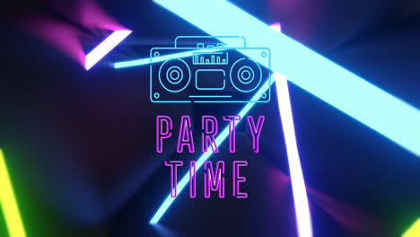 Animation-Von-Partyzeit,-Radio-Und-Neonformen-Auf-Schwarzem-Hintergrund