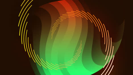Animation-of-spiral-shapes-in-orange-and-green-rotating-on-black-background