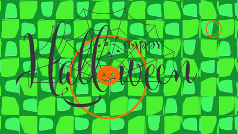 Animation-Von-Halloween,-Kürbis-Und-Fledermäusen-Auf-Grünem-Hintergrund-Aus-Quadraten