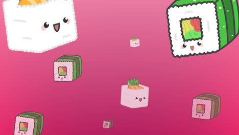 Animation-of-diverse-cartoon-sushi-floating-on-pink-background