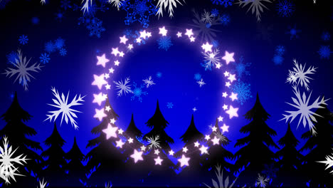 Animation-of-stars-over-snow-falling-and-fir-trees-at-christmas