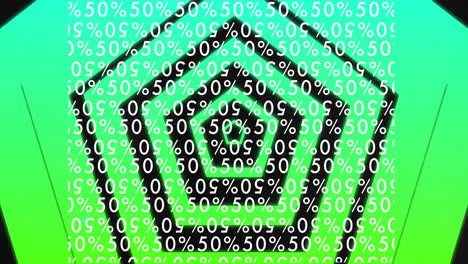 Animation-of-rotating-pentagons-and-50-percent-off-text-on-green-background