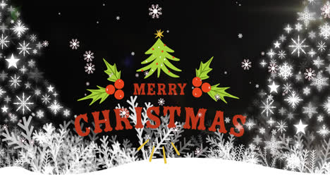 Animation-of-happy-christmas-text-over-snow-falling-and-winter-landscape