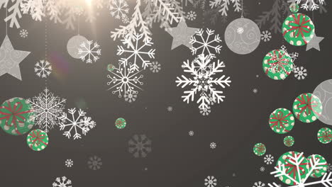 Animation-of-christmas-snowflakes-falling-over-christmas-tree-on-grey-background