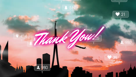 Animation-of-thank-you-and-social-media-reactions-over-cityscape