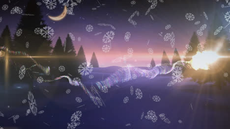 Animation-Von-Fallendem-Schnee-Und-Lichtflecken-über-Der-Winterlandschaft-Zu-Weihnachten