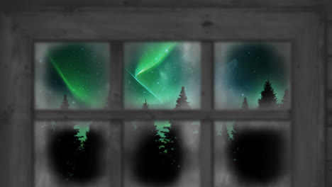 Animation-Von-Polarlichtern-Und-Weihnachtlicher-Winterlandschaft-Durch-Fenster-Gesehen