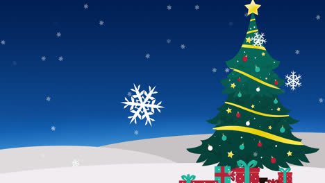 Animation-Von-Weihnachtsschneeflocken,-Die-über-Den-Weihnachtsbaum-In-Der-Winterlandschaft-Fallen