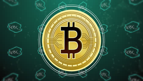 Animation-of-bitcoin-symbol-over-nft-text-on-green-background