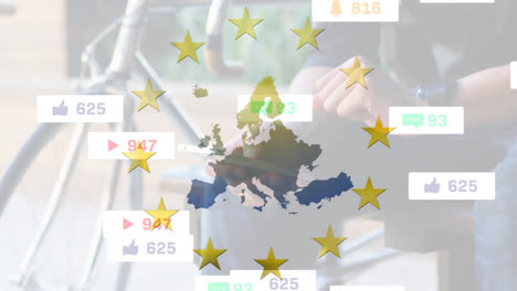 Animation-Von-Social-Media-Symbolen,-Der-Flagge-Der-Europäischen-Union-Und-Einer-Europakarte-über-Einem-Mann,-Der-Auf-Seine-Smartwatch-Schaut