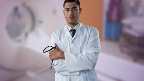 Animation-of-caucasian-male-doctor-with-stethoscope-over-blue-ribbon