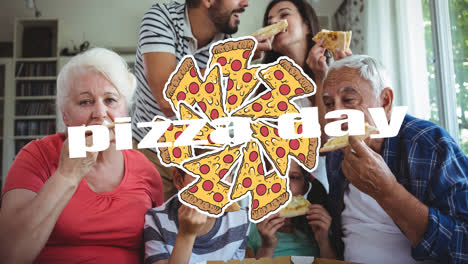 Animation-Von-Pizza-Symbolen-In-Blitzform-Und-Pizza-Tag-Text-über-Einer-Kaukasischen-Familie,-Die-Pizza-Isst