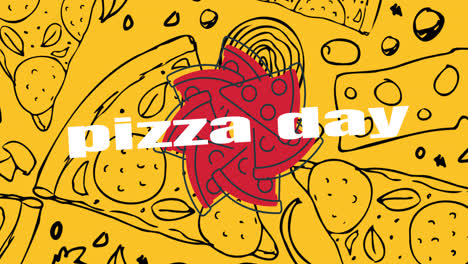 Animation-of-pizza-day-text-and-pizza-drawings-on-yellow-background