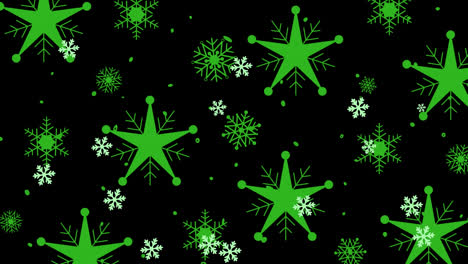 Animation-of-green-christmas-snowflakes-falling-on-black-background