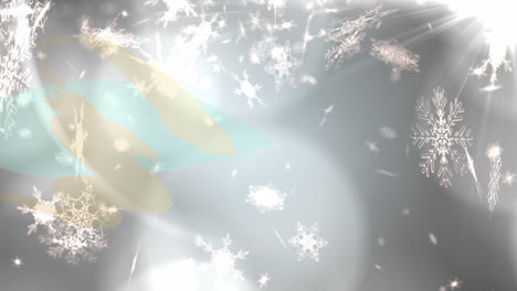Animation-of-christmas-snow-falling-over-glowing-lights-and-grey-background