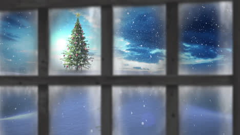 Window-frame-against-snow-falling-over-christmas-tree-on-winter-landscape