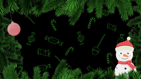Animation-of-fir-trees-and-christmas-decorations-over-candys