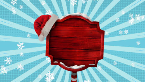 Animation-of-snow-falling-over-wooden-sign-with-santa-hat-at-christmas