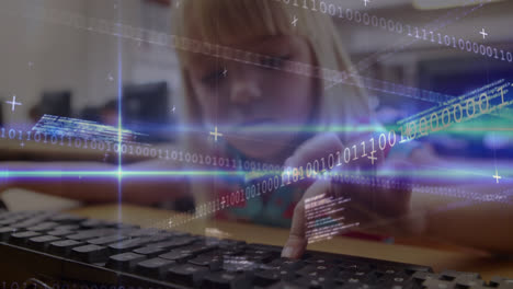 Animation-Der-Datenverarbeitung-über-Einem-Kaukasischen-Mädchen,-Das-Auf-Der-Tastatur-Tippt
