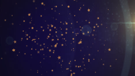 Animation-of-golden-dots-and-stars-falling-on-purple-background