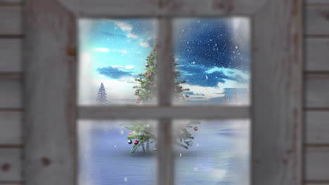 Holzfensterrahmen-Gegen-Schnee,-Der-über-Den-Weihnachtsbaum-In-Der-Winterlandschaft-Fällt