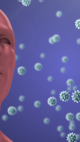Animation-Von-Viruszellen,-Die-über-Dem-Menschlichen-Kopf-Auf-Blauem-Hintergrund-Schweben