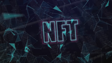 Neon-NFT-Textbanner-über-Plexus-Netzwerken-Gegen-Datenverarbeitung-Auf-Schwarzem-Hintergrund