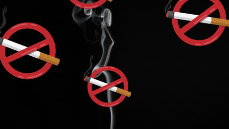 Animation-Von-Rauchverbotsschildern-Mit-Brennenden-Zigaretten-Auf-Schwarzem-Hintergrund