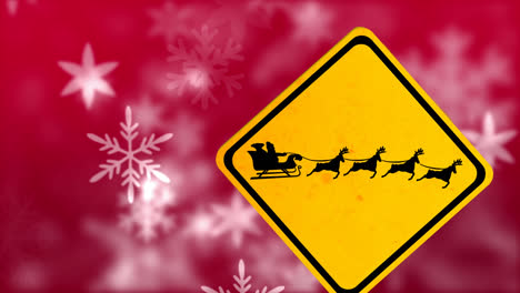 Animation-Von-Weihnachtlichen-Schneeflocken,-Die-über-Das-Weihnachtsmann-Schlittenschild-Auf-Rotem-Hintergrund-Fallen