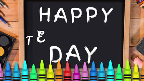 Animation-of-happy-day-over-blackboard-and-crayons