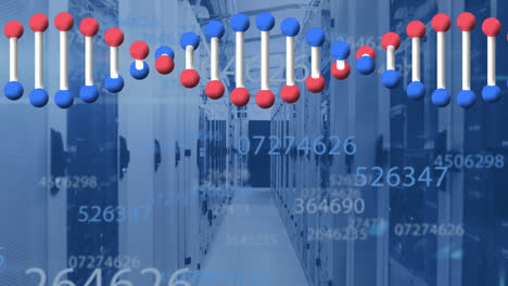 Animation-of-data-processing-and-dna-strand-over-server-room
