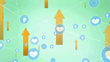 Animation-of-network-of-connections-with-heart-icons-over-arrows-on-green-background