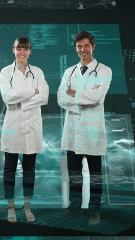 Animation-of-biracial-female-and-male-doctor-over-data-processing