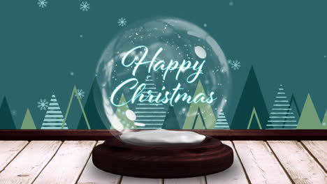 Animation-of-happy-christmas-text-in-snow-globe-over-fir-trees-and-snow-falling
