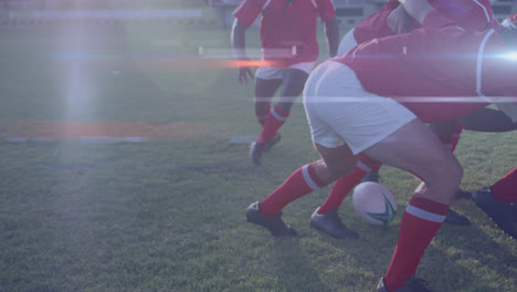 Animation-of-glowing-lights-moving-over-diverse-team-of-rugby-players-during-game-in-field