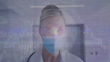 Animation-of-data-processing-and-globe-over-caucasian-female-doctor-wearing-face-mask