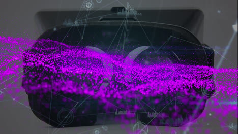 Animation-of-purple-spots-over-network-of-connections-and-vr-headset-on-white-background