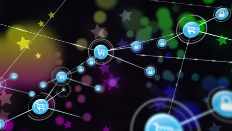 Animation-of-network-of-connections-with-icons-over-light-spots-and-stars-on-black-background