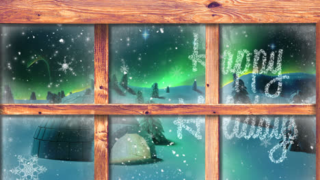 Animation-of-snow-falling-and-christmas-greetings,-igloo-and-aurora-borealis-seen-through-window