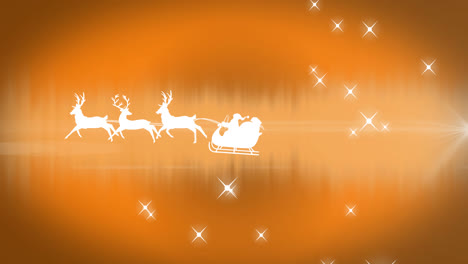 Animation-of-santa-sleigh-over-stars-on-orange-background