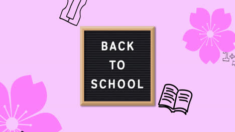 Animation-of-back-to-school-text-over-school-items-icons-and-flowers-on-pink-background