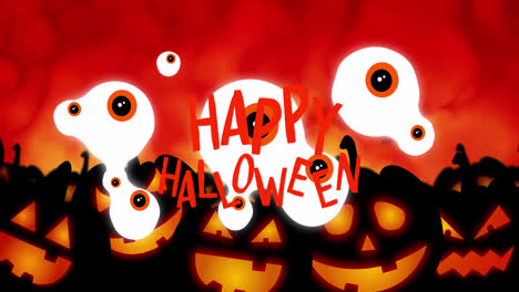 Animation-of-happy-halloween-over-eyes,-jack-o-lanterns-and-fire