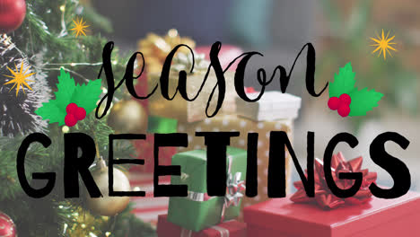 Animation-of-season-greetings-text-over-christmas-gifts
