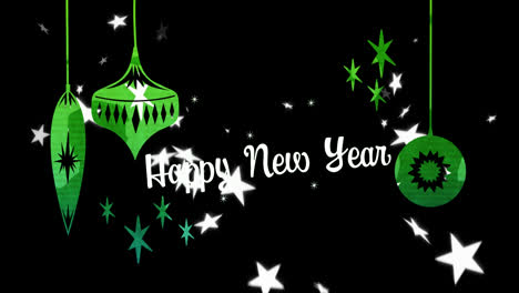 Animation-of-new-year-greetings-over-christmas-green-baubles-in-background