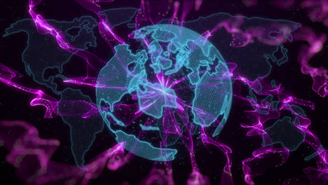 Animation-of-rotating-globe-and-purple-shapes-on-black-background