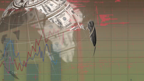 Animation-Eines-Globus-Aus-Dollar-Und-Finanzdiagrammen-Auf-Grünem-Hintergrund