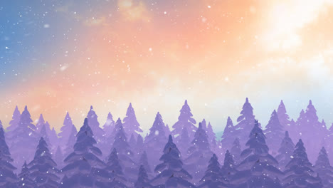 Animation-of-snow-falling-over-purple-christmas-trees-in-background