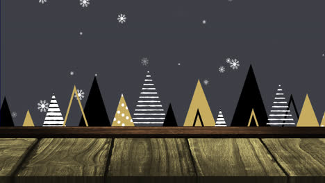 Animation-Von-Weihnachtsschneeflocken,-Die-über-Bäume-Auf-Grauem-Hintergrund-Fallen