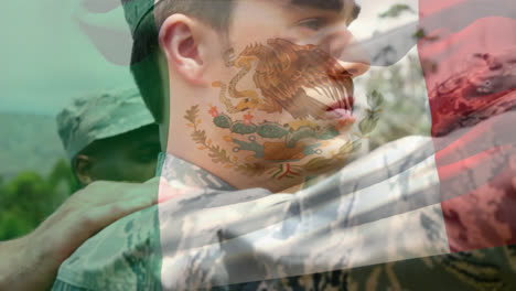 Animation-of-flag-of-mexico-over-diverse-male-soldiers-in-uniform