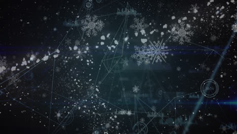 Animation-of-snow-falling-over-network-of-connections-on-black-background